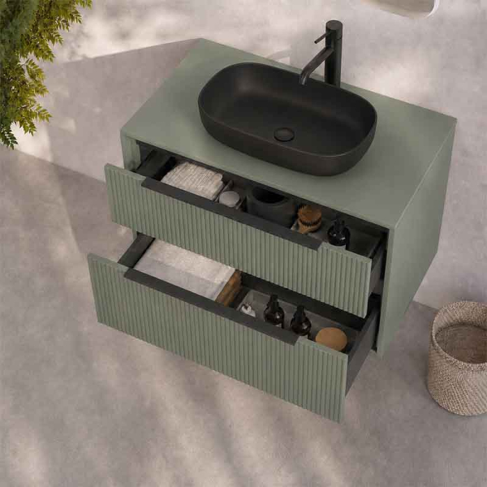 Mobilier lavoar pe blat Fluminia Istria 80, capac fix, front riflat, 2 sertare soft close, salvia [2]