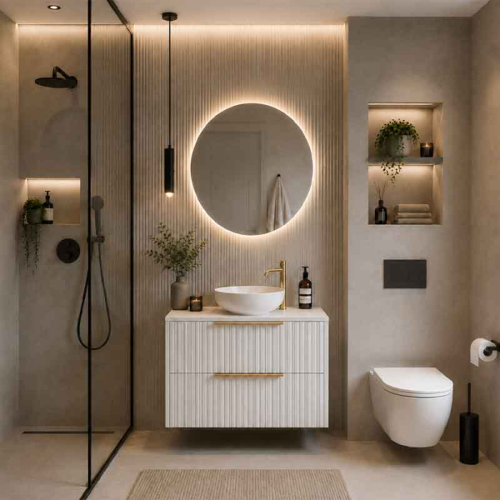 Mobilier lavoar pe blat Fluminia Istria 80, capac fix, front riflat, alb mat, maner auriu [4]