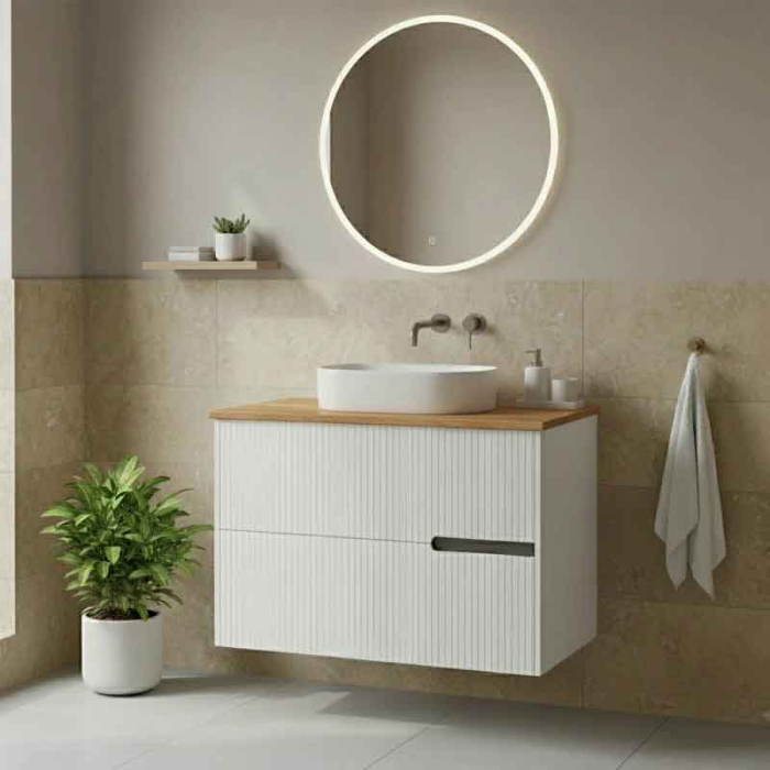 Mobilier lavoar pe blat Fluminia Malta, finisaj riflat, 80cm, 2 sertare soft close, alb [2]