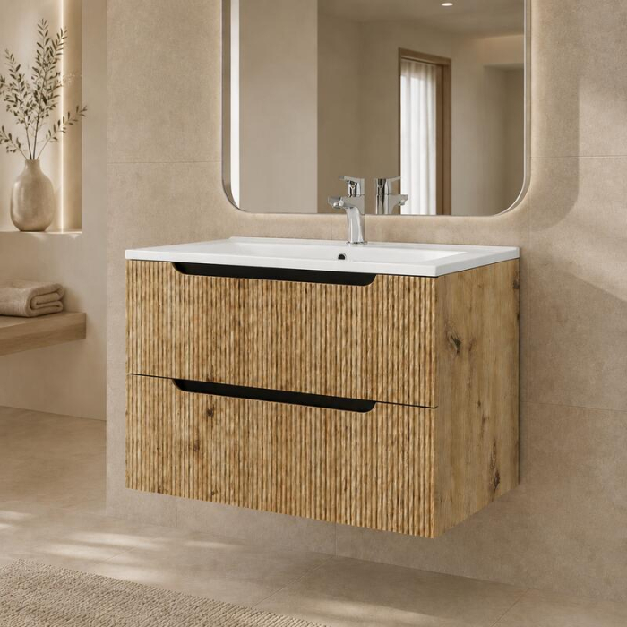 Mobilier lavoar pe blat Fluminia Malta, finisaj riflat, 80cm, 2 sertare soft close, Rovere Oro [2]