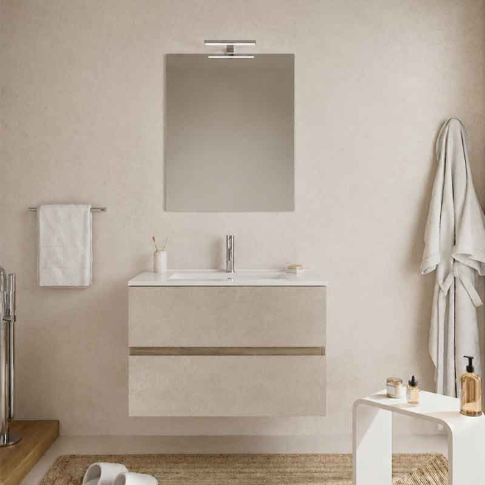 Mobilier lavoar suspendat Fluminia Genova 60, front rugos almond, laterale noce americano [2]