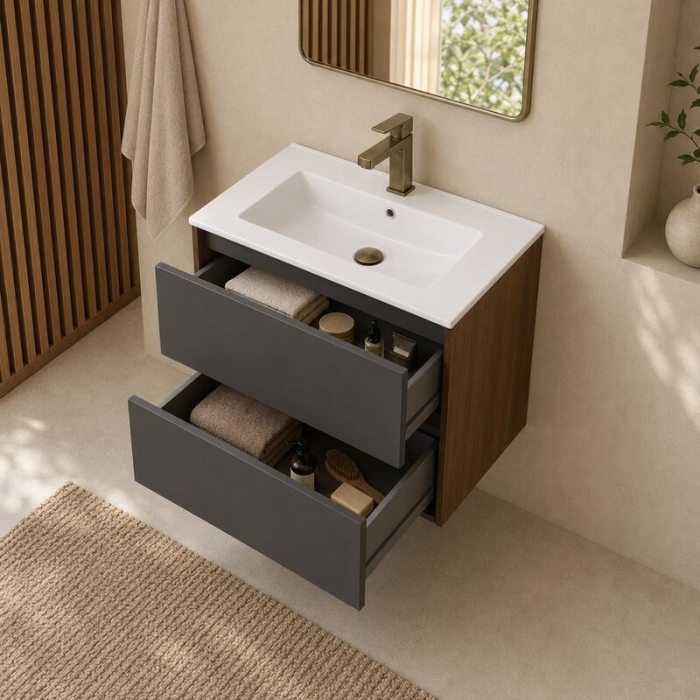 Mobilier lavoar suspendat Fluminia Genova 60, modular, nero mat, laterale rovere moka [2]