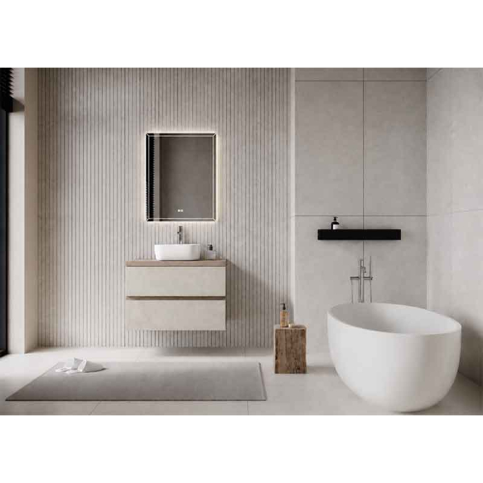 Mobilier lavoar suspendat Fluminia Genova 80, front rugos almond, laterale noce americano [4]