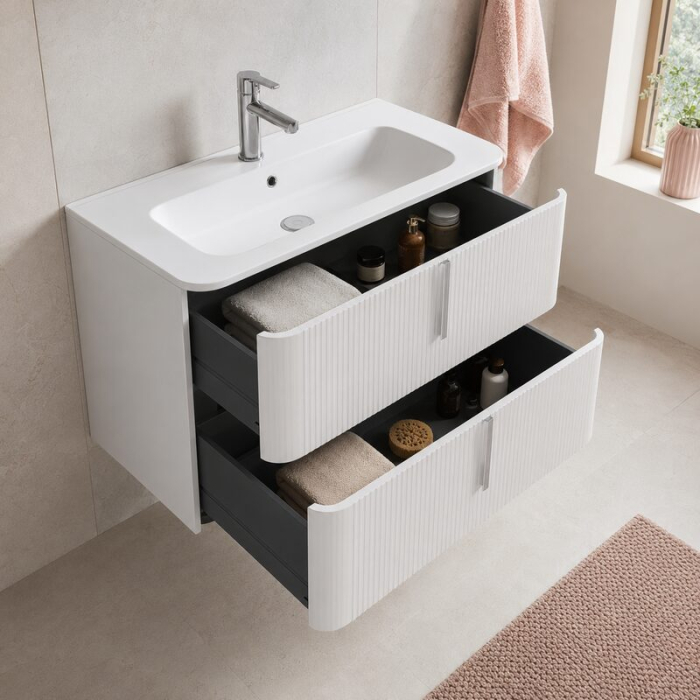 Mobilier lavoar suspendat Fluminia Pisa 100, front riflat, 2 sertare soft close, alb mat [3]