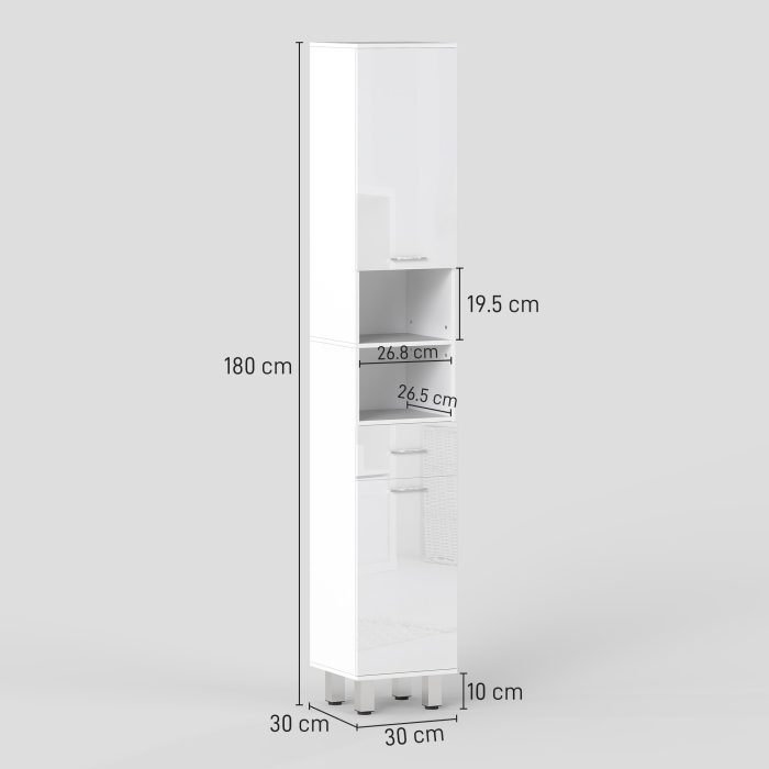  Mobilier pentru Baie cu 1 Sertar 3 Rafturi Ajustabile si 2 Dulapuri, 30x30x180 cm, Alb Lucios [3]