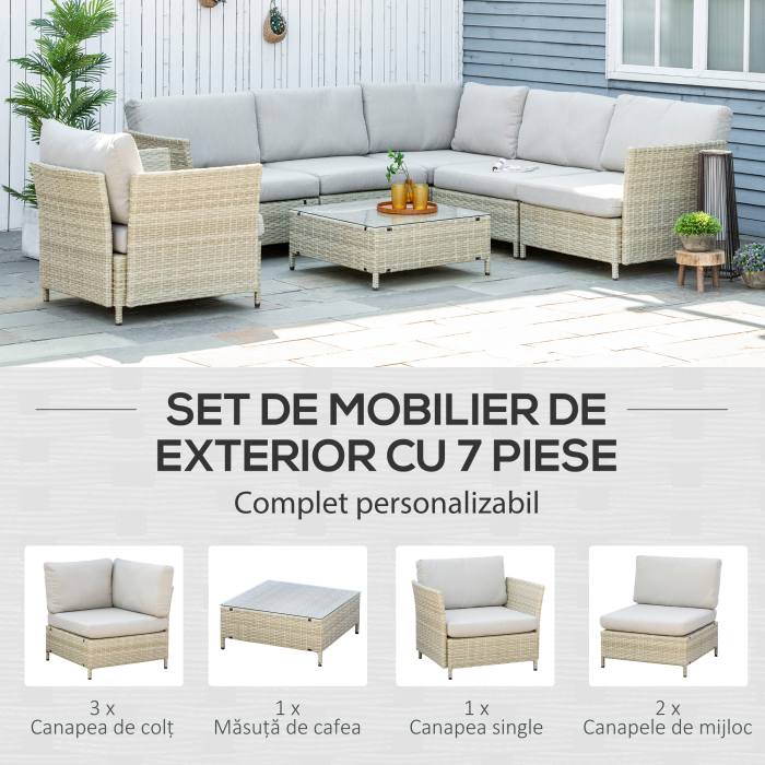  Mobilier pentru gradina 7 bucati, modular cu masuta, fotoliu, fotoliu de colt si 2 canapele din ratan PE cu perne, bej [4]