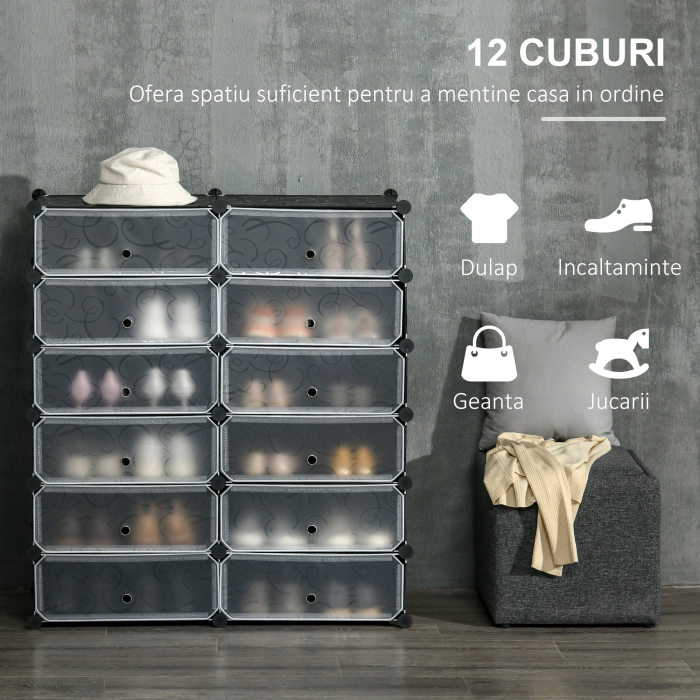  Mobilier pentru incaltaminte modular, 12 cuburi 45x35x16cm din plastic PP si otel, negru si alb [4]