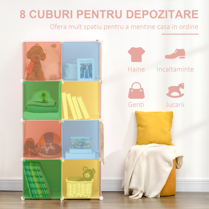  Mobilier pentru incaltaminte modular cu decor animalier, 8 cuburi din plastic PP si otel, 74x47x144cm, Roz [3]