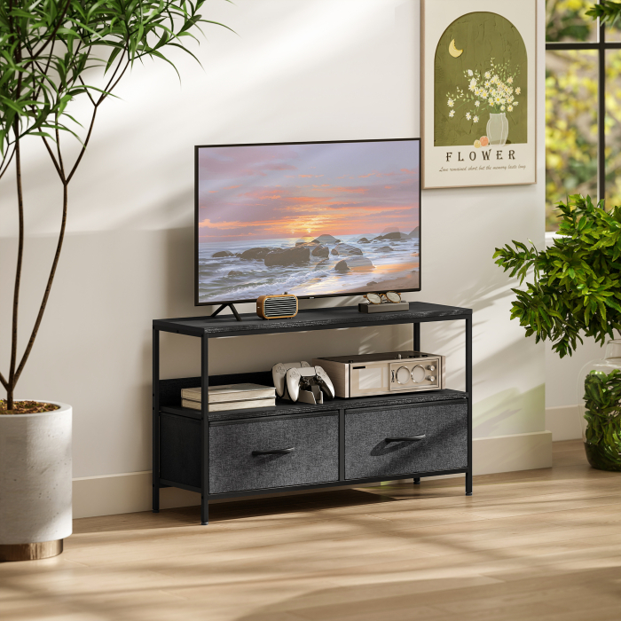  Mobilier pentru Televizor de 47" cu Sertare Pliabile din Material Textil si Raft, 98x29x56 cm, Negru [2]