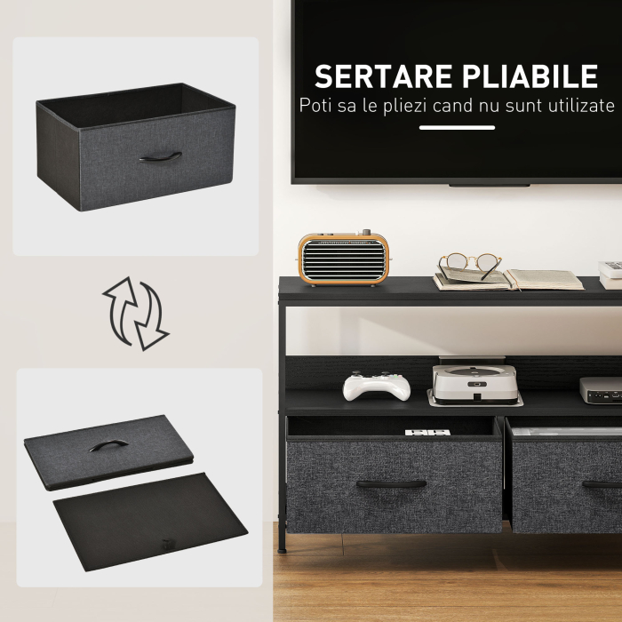  Mobilier pentru Televizor de 47" cu Sertare Pliabile din Material Textil si Raft, 98x29x56 cm, Negru [4]