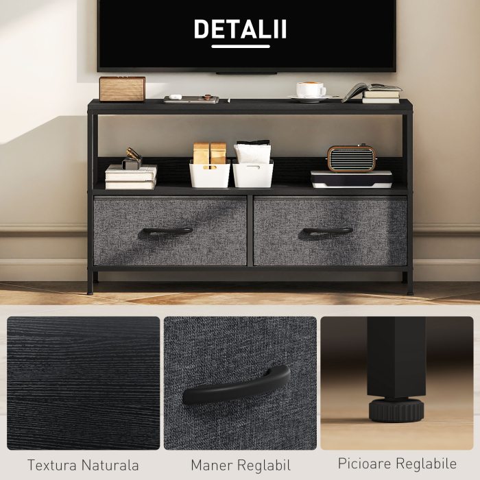  Mobilier pentru Televizor de 47" cu Sertare Pliabile din Material Textil si Raft, 98x29x56 cm, Negru [6]