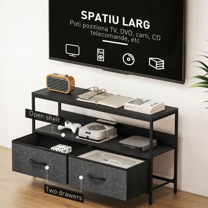  Mobilier pentru Televizor de 47" cu Sertare Pliabile din Material Textil si Raft, 98x29x56 cm, Negru [5]
