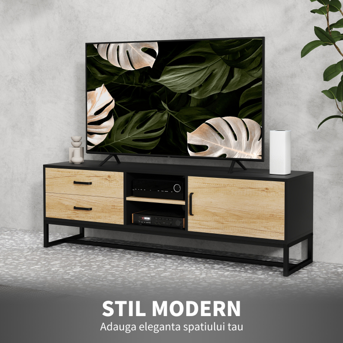  Mobilier pentru TV de 60" cu Dulapior, 2 Sertare si Rafturi Deschise Reglabile, 140x35x45 cm, Lemn Natural [4]