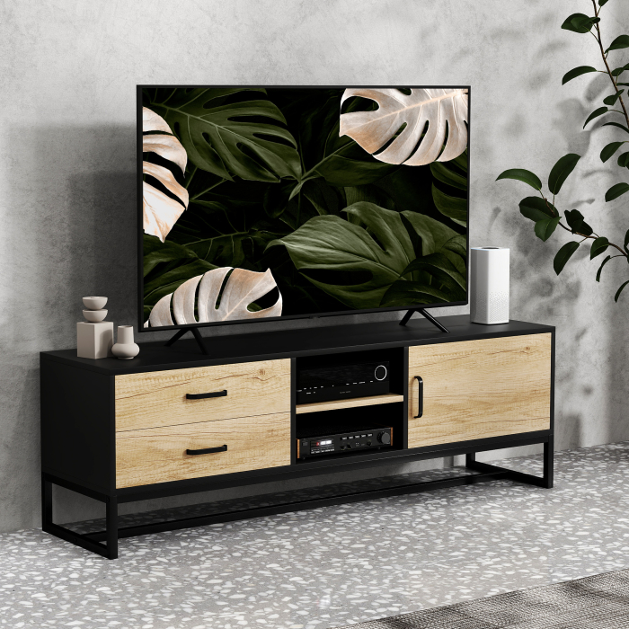  Mobilier pentru TV de 60" cu Dulapior, 2 Sertare si Rafturi Deschise Reglabile, 140x35x45 cm, Lemn Natural [2]