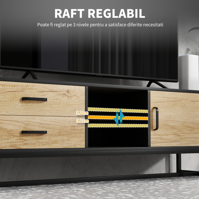 Mobilier pentru TV de 60" cu Dulapior, 2 Sertare si Rafturi Deschise Reglabile, 140x35x45 cm, Lemn Natural [8]