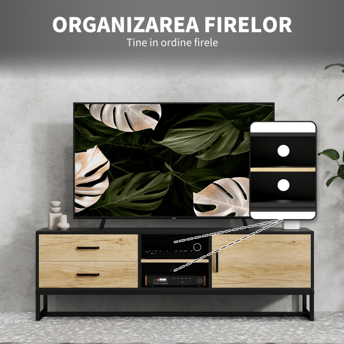  Mobilier pentru TV de 60" cu Dulapior, 2 Sertare si Rafturi Deschise Reglabile, 140x35x45 cm, Lemn Natural [6]