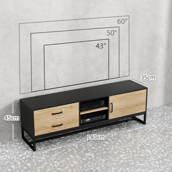  Mobilier pentru TV de 60" cu Dulapior, 2 Sertare si Rafturi Deschise Reglabile, 140x35x45 cm, Lemn Natural [3]