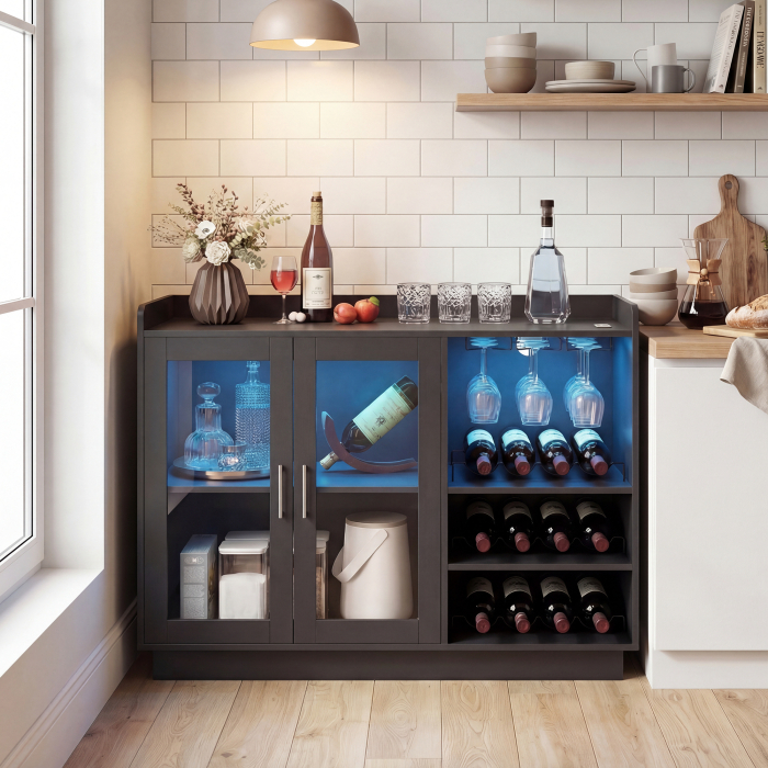  Mobilier pentru Vinuri cu Lumini LED RGB si Suport pentru 12 Sticle, Dulap pentru Vinuri cu Raft Ajustabil si Usi Soft-Close din Sticla pentru Casa, Bucatarie si Sala de Mese, Negru [9]