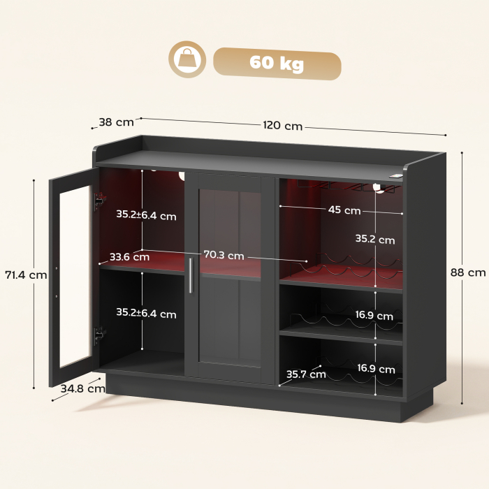  Mobilier pentru Vinuri cu Lumini LED RGB si Suport pentru 12 Sticle, Dulap pentru Vinuri cu Raft Ajustabil si Usi Soft-Close din Sticla pentru Casa, Bucatarie si Sala de Mese, Negru [3]