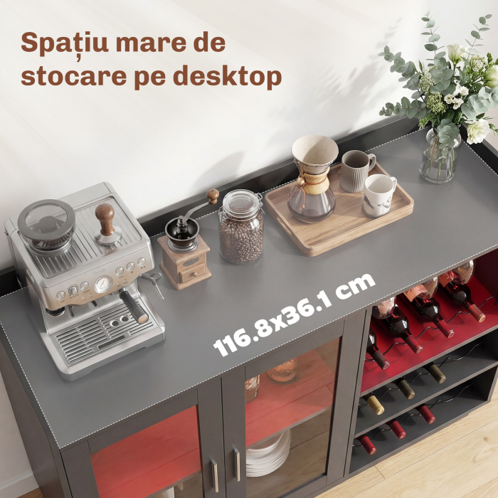  Mobilier pentru Vinuri cu Lumini LED RGB si Suport pentru 12 Sticle, Dulap pentru Vinuri cu Raft Ajustabil si Usi Soft-Close din Sticla pentru Casa, Bucatarie si Sala de Mese, Negru [7]