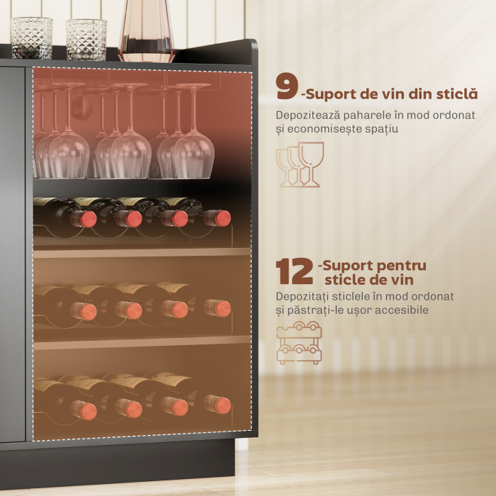  Mobilier pentru Vinuri cu Lumini LED RGB si Suport pentru 12 Sticle, Dulap pentru Vinuri cu Raft Ajustabil si Usi Soft-Close din Sticla pentru Casa, Bucatarie si Sala de Mese, Negru [4]