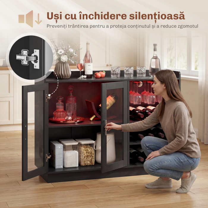  Mobilier pentru Vinuri cu Lumini LED RGB si Suport pentru 12 Sticle, Dulap pentru Vinuri cu Raft Ajustabil si Usi Soft-Close din Sticla pentru Casa, Bucatarie si Sala de Mese, Negru [8]