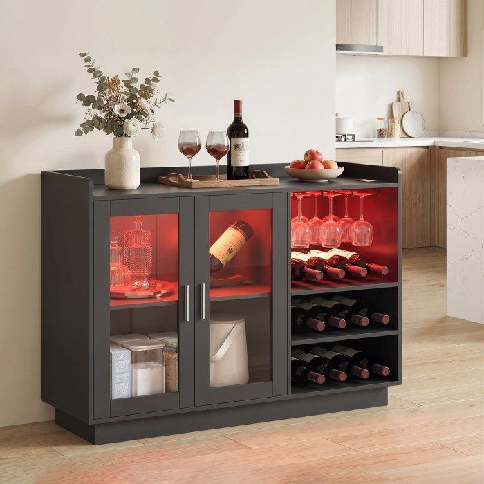  Mobilier pentru Vinuri cu Lumini LED RGB si Suport pentru 12 Sticle, Dulap pentru Vinuri cu Raft Ajustabil si Usi Soft-Close din Sticla pentru Casa, Bucatarie si Sala de Mese, Negru [2]