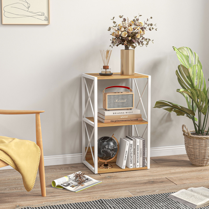  Mobilier Rastel Librarie 3 Rafturi cu Schelet in Otel Alb si Rafturi in Lemn 40x35x72.5cm [2]