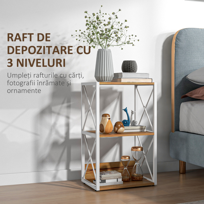  Mobilier Rastel Librarie 3 Rafturi cu Schelet in Otel Alb si Rafturi in Lemn 40x35x72.5cm [4]