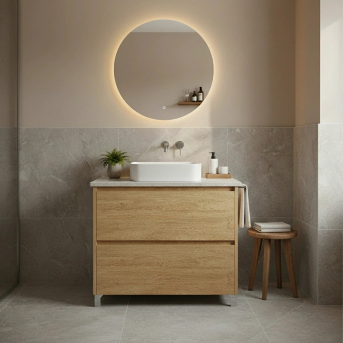 Mobilier stativ lavoar Fluminia Lizi 80, pe picioare, 2 sertare soft close, rovere naturale [2]