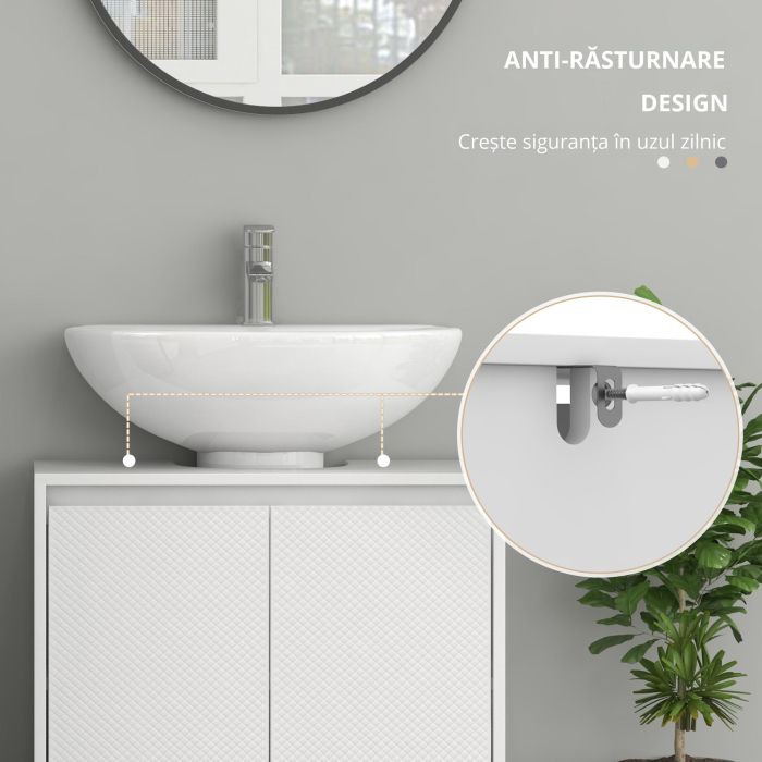  Mobilier Sub Chiuveta pentru Baie cu 2 Usi, Dulap de Baie cu Decupaj in U pentru tevi, 60x30x60 cm, Alb [6]