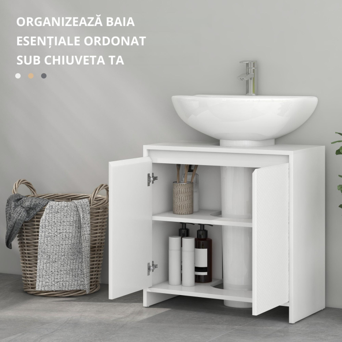  Mobilier Sub Chiuveta pentru Baie cu 2 Usi, Dulap de Baie cu Decupaj in U pentru tevi, 60x30x60 cm, Alb [4]