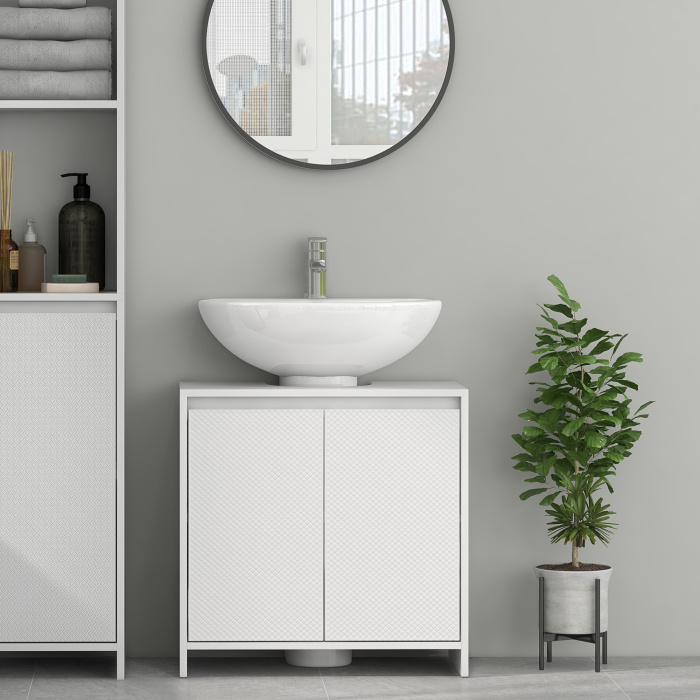  Mobilier Sub Chiuveta pentru Baie cu 2 Usi, Dulap de Baie cu Decupaj in U pentru tevi, 60x30x60 cm, Alb [7]