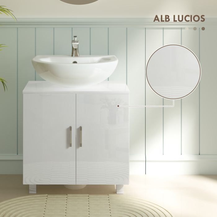  Mobilier Sub Chiuveta pentru Baie cu 2 Usi, Raft Central, Maner si Picioare Antiderapante, 60x35x60 cm, Alb Lucios [6]