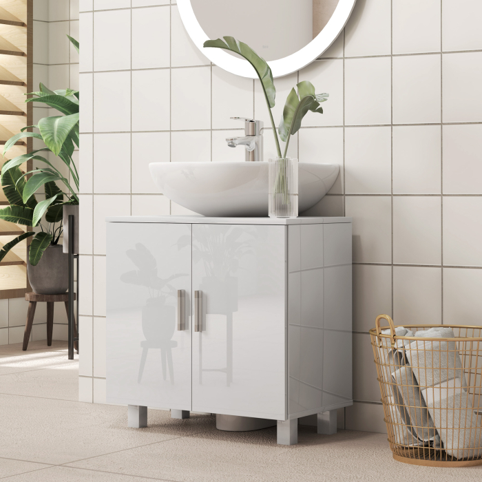  Mobilier Sub Chiuveta pentru Baie cu 2 Usi, Raft Central, Maner si Picioare Antiderapante, 60x35x60 cm, Alb Lucios [2]