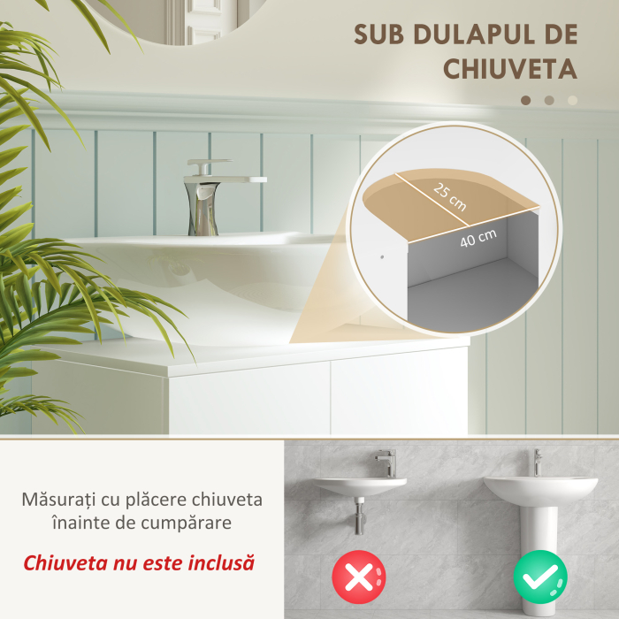  Mobilier Sub Chiuveta pentru Baie cu 2 Usi, Raft Central, Maner si Picioare Antiderapante, 60x35x60 cm, Alb Lucios [4]