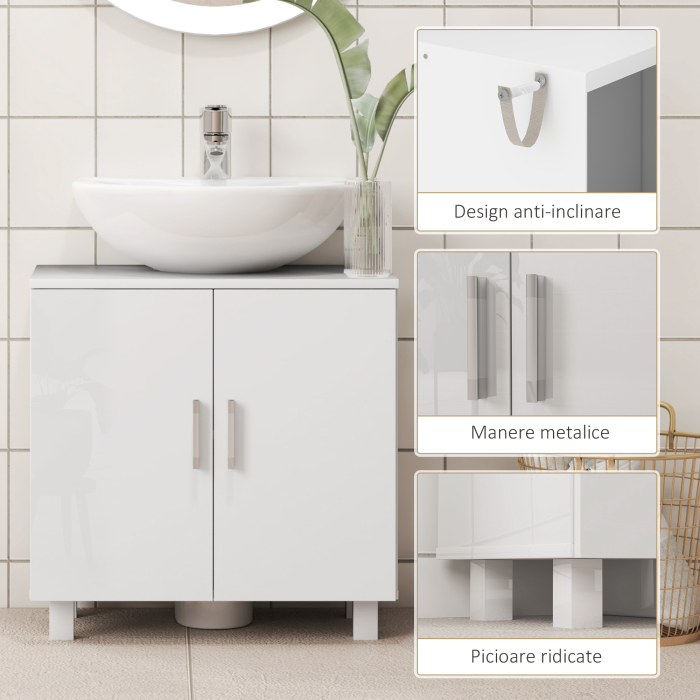  Mobilier Sub Chiuveta pentru Baie cu 2 Usi, Raft Central, Maner si Picioare Antiderapante, 60x35x60 cm, Alb Lucios [7]