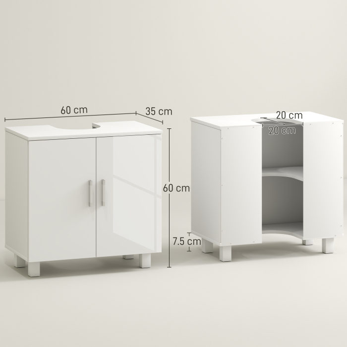  Mobilier Sub Chiuveta pentru Baie cu 2 Usi, Raft Central, Maner si Picioare Antiderapante, 60x35x60 cm, Alb Lucios [3]