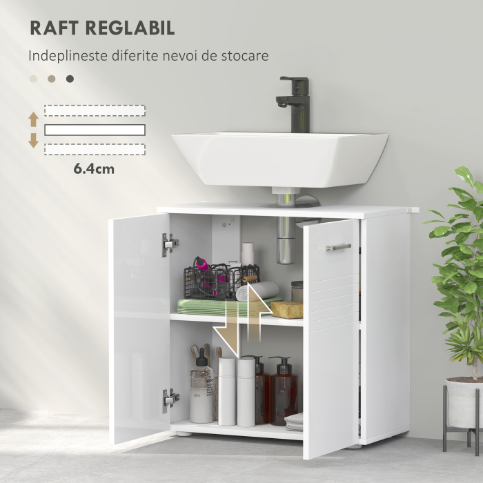  Mobilier subchiuveta pentru Baie cu 2 Usi, Dulapior cu Economisire de spatiu pentru Chiuveta din Lemn cu Polita Reglabila, Alb [5]