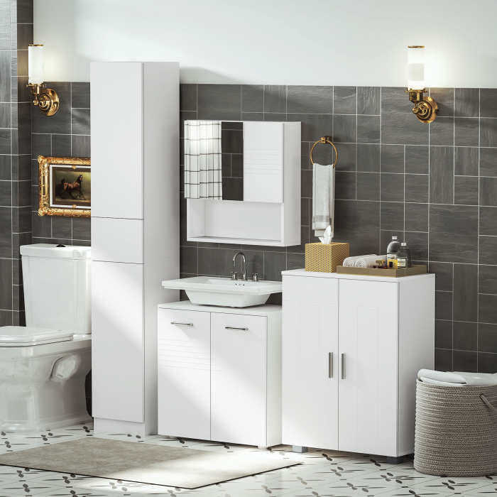  Mobilier subchiuveta pentru Baie cu 2 Usi, Dulapior cu Economisire de spatiu pentru Chiuveta din Lemn cu Polita Reglabila, Alb [8]