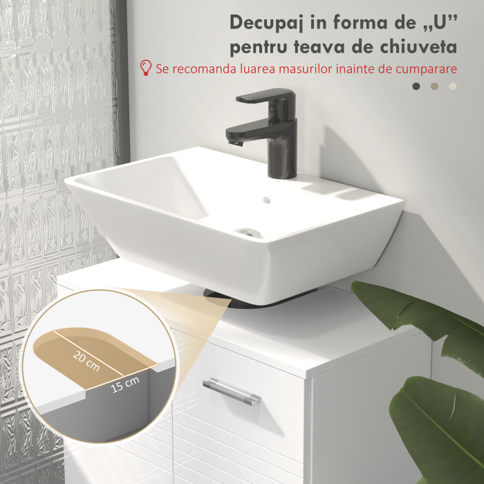  Mobilier subchiuveta pentru Baie cu 2 Usi, Dulapior cu Economisire de spatiu pentru Chiuveta din Lemn cu Polita Reglabila, Alb [4]