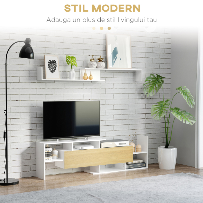  Mobilier TV 153,6×25×42 cm - Alb cu Rafturi si Dulap Perete [4]