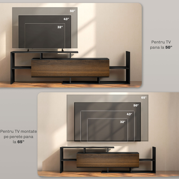  Mobilier TV cu Raft de Perete, Rafturi Deschise si Dulapior din Lemn, 153,6x25x42 cm, Negru [7]