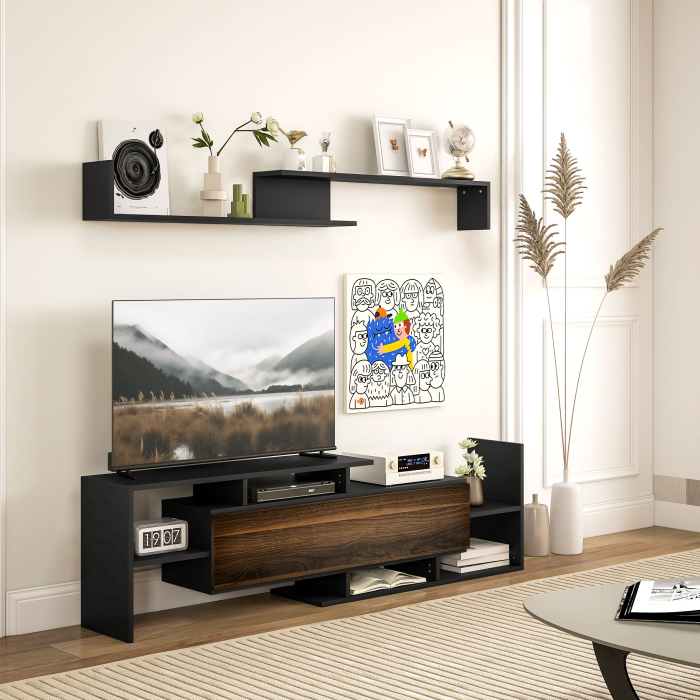  Mobilier TV cu Raft de Perete, Rafturi Deschise si Dulapior din Lemn, 153,6x25x42 cm, Negru [2]