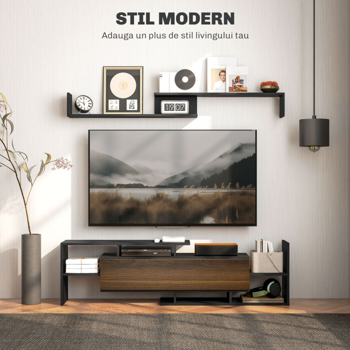  Mobilier TV cu Raft de Perete, Rafturi Deschise si Dulapior din Lemn, 153,6x25x42 cm, Negru [4]
