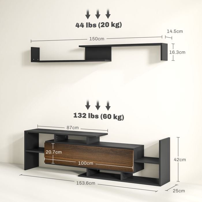  Mobilier TV cu Raft de Perete, Rafturi Deschise si Dulapior din Lemn, 153,6x25x42 cm, Negru [3]