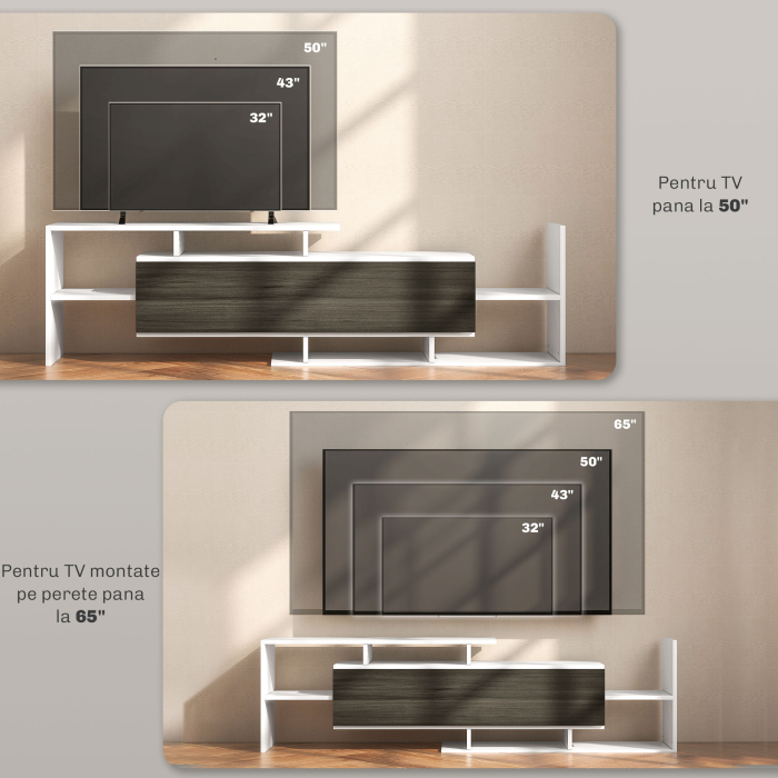  Mobilier TV cu Raft de Perete, Rafturi Deschise si Dulapior din Lemn, Mobilier TV Modern, 153,6x25x42 cm, Alb [7]