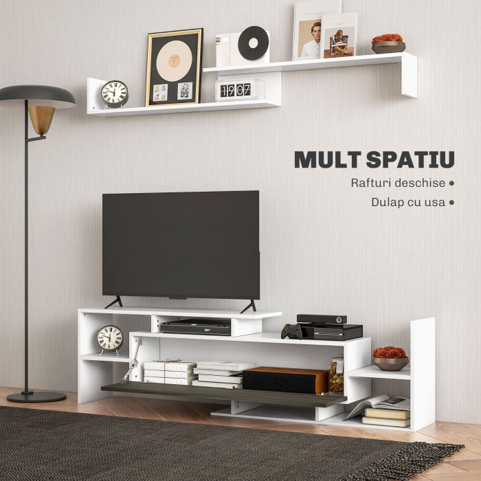  Mobilier TV cu Raft de Perete, Rafturi Deschise si Dulapior din Lemn, Mobilier TV Modern, 153,6x25x42 cm, Alb [5]