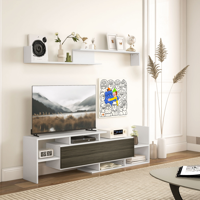  Mobilier TV cu Raft de Perete, Rafturi Deschise si Dulapior din Lemn, Mobilier TV Modern, 153,6x25x42 cm, Alb [2]
