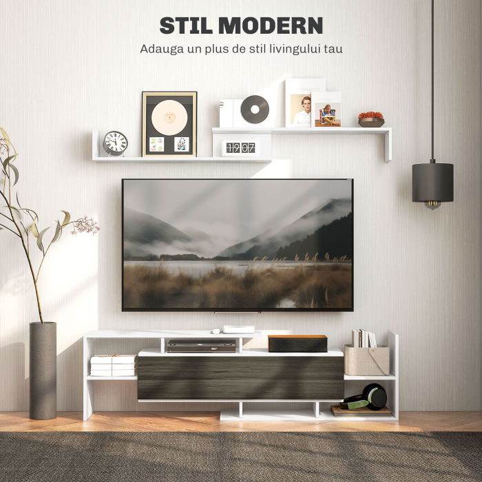  Mobilier TV cu Raft de Perete, Rafturi Deschise si Dulapior din Lemn, Mobilier TV Modern, 153,6x25x42 cm, Alb [4]